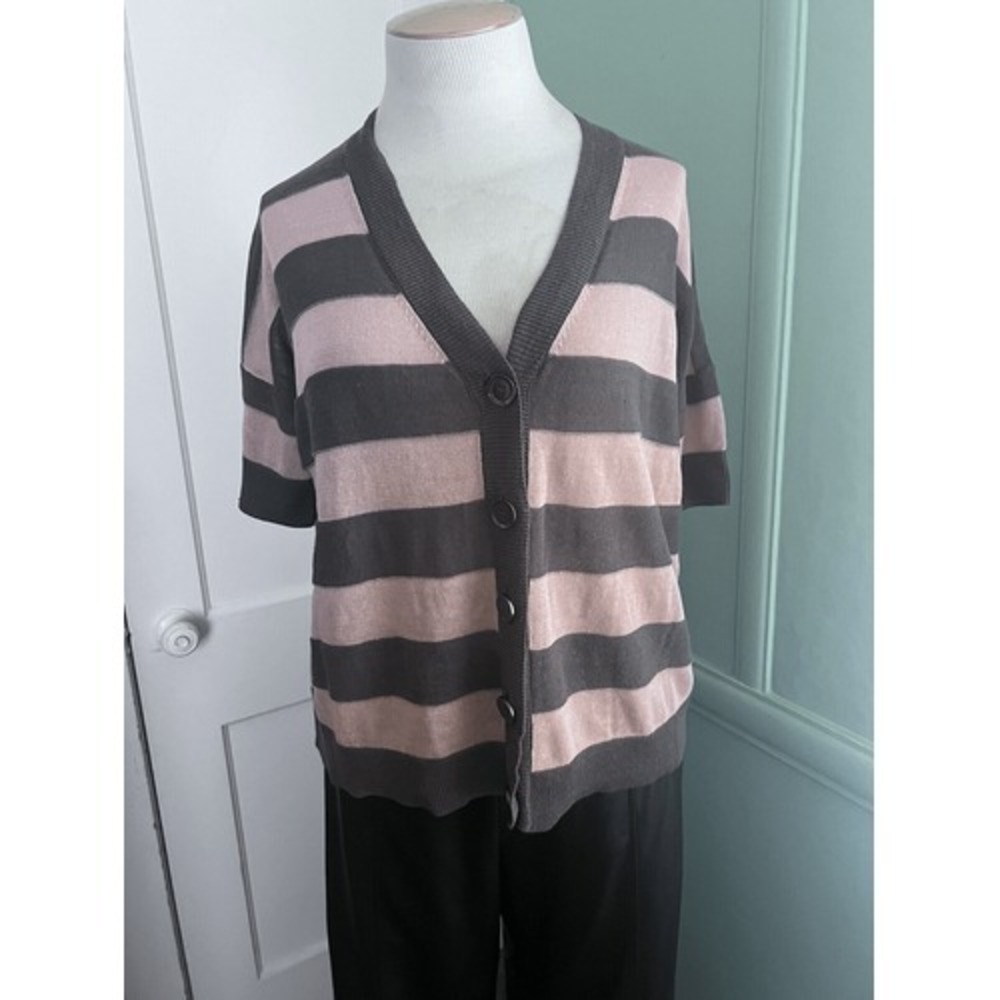Milly NY Medium Lightweight Boxy Short Sleeve Button Front Pink/Gray Sweater